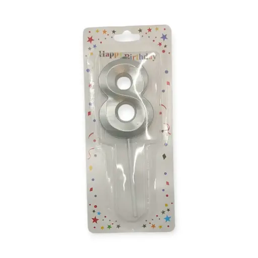Large Auraglow Birthday Number Silver Candle 8