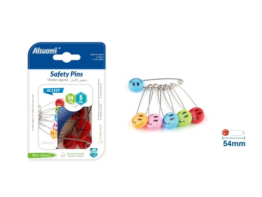 Safety Pins with smily face head 54mm/2.12" 5pcs (Alsuomi)