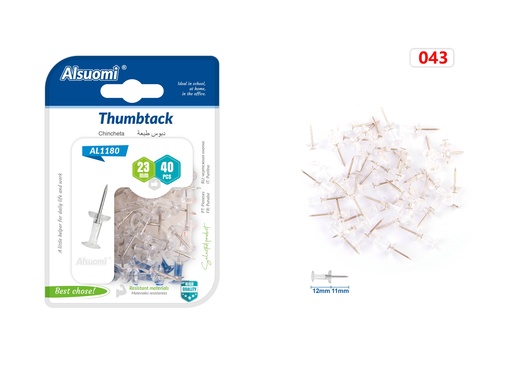 Thumbtack/ push-pins 23mm/0.90" 40pcs ( transparent plastic handle) (Alsuomi)