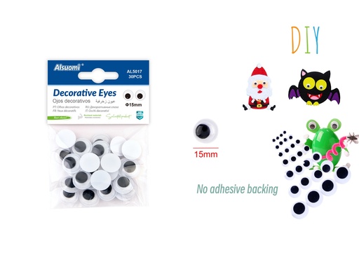 Decorative Googly eyes 15mm 30pcs (no adhisive backing) (Alsuomi)