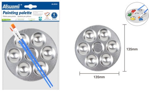 Painting palette with 2 paint brushes 135mm/5.30" (6 grids) (Alsuomi)