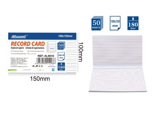 Lined Record card/ index card 100*150mm/ 4"*6" (50 sheets) (Alsuomi)